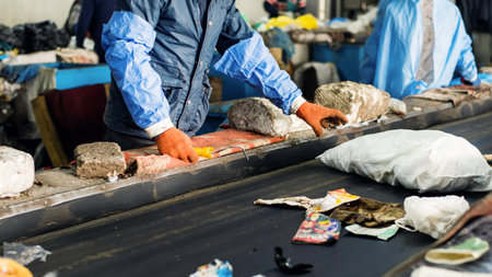 Worker in special wear sorting garbage on a conveyor belt at waste sorting plantの写真素材