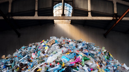 View of a huge heap of plastic garbage at waste sorting plantの写真素材