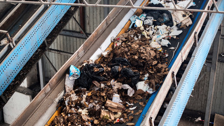 Garbage moving on a conveyor belt at waste sorting plantの写真素材