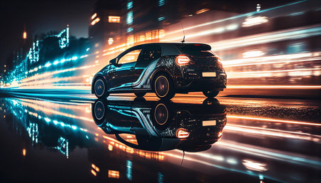 Generative AI an electric car driving on a wet street with light reflections on itの素材