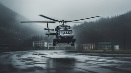 Generative AI a military helicopter taking off from an airport runway into the forestの素材