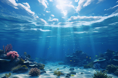 Generative AI an aquatic landscape that represents the bottom of a water basinの素材