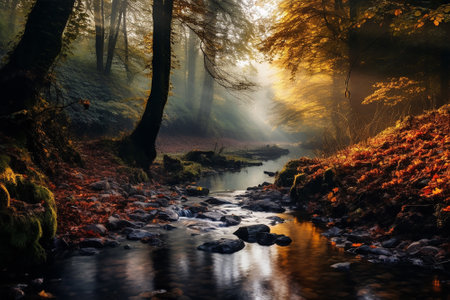 Generative AI an autumn landscape with a river and a forest with fallen leavesの素材
