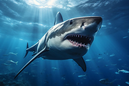 Generative AI a shark swimming among the fish in the oceanの素材