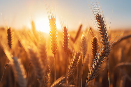 Generative AI ears of wheat on a nearby fieldの素材