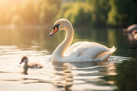 Generative AI a beautiful white swan with her young on the lakeの素材