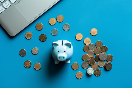 Generative AI a piggy bank with money on a blue surfaceの素材