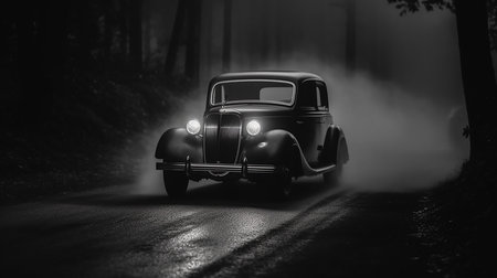 Generative AI a vintage black car driving on a roadの素材