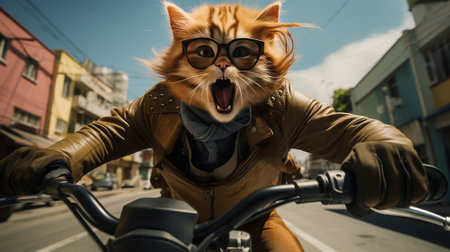 Generative AI a cat driving a motorcycle in the cityの素材