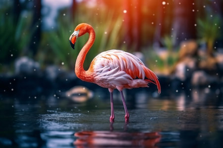 A flamingo walking through the water of a lake in a tropical forestの素材