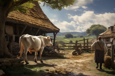 Generative AI a farmer next to a cow from his farmの素材
