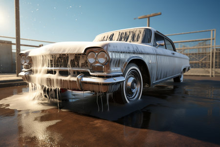 A car at the laundry full of washing foamの素材