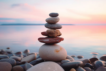 Several stones arranged one above the other on the shore of a lakeの素材