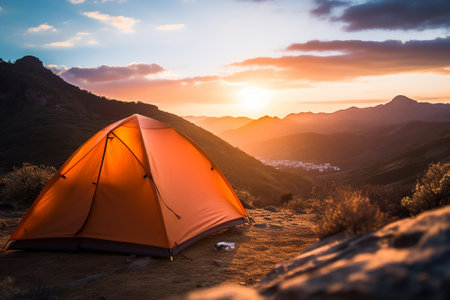 A tent on a hilltop in the background an extraordinary viewの素材
