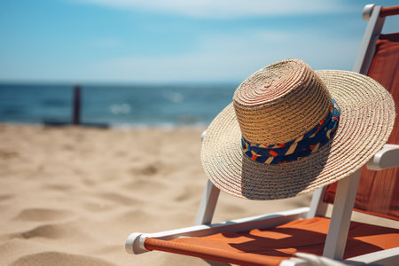 A hat sits on a chair on the beach of a resortの素材