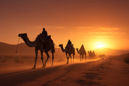 A caravan of camels crossing a desertの素材