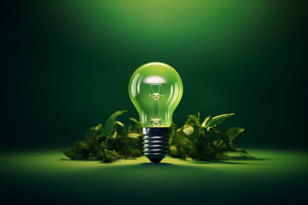 A green lamp and leaves on the background that symbolize green energyの素材