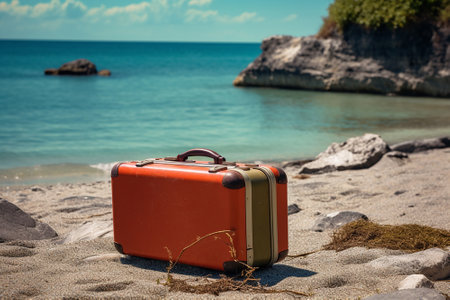 A colorful suitcase on the beachの素材