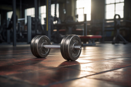 A dumbbell sitting on the floor in the gymの素材