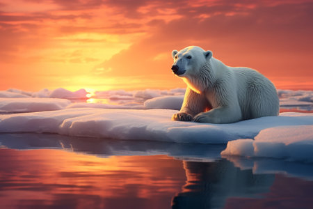 A polar bear sitting on icebergs at the North Poleの素材