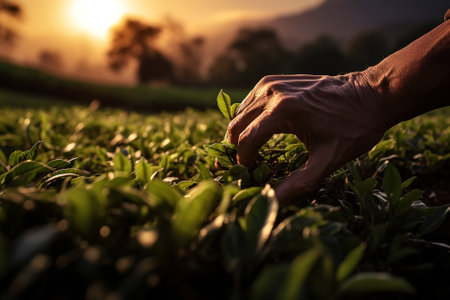 A farmer checks the condition of the tea leavesの素材