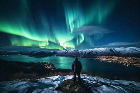 A tourist standing on the shore of a fjord admiring the northern lightsの素材