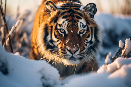 A beautiful tiger walks through the snowの素材