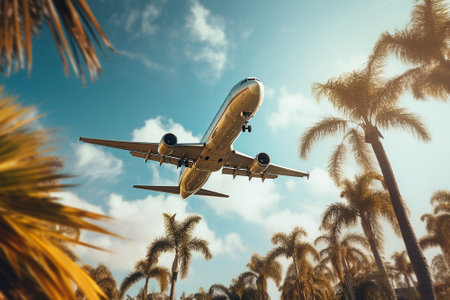 An airplane flying over some palm treesの素材