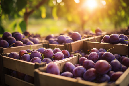A few baskets of fresh plums in an orchardの素材