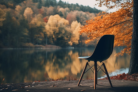 A chair that was on the shore of a lake, in the background an autumn forestの素材