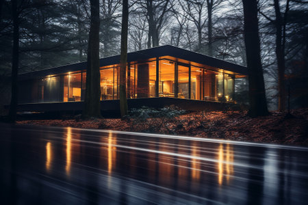 A modern house in a forest on the bank of a riverの素材