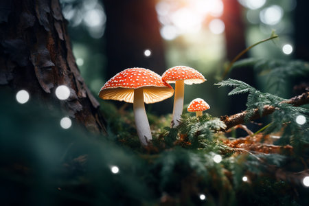 Some red mushrooms with white dots in a coniferous forestの素材