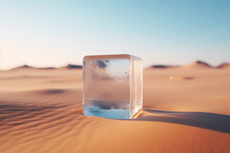 An ice cube in a desert on the sandの素材