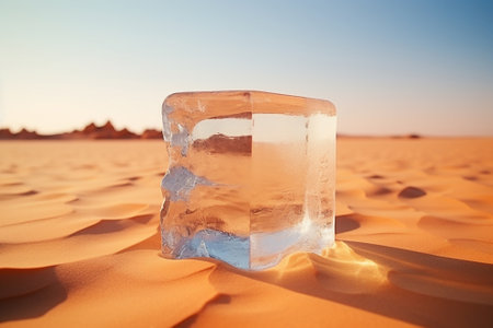 An ice cube in a desert on the sandの素材