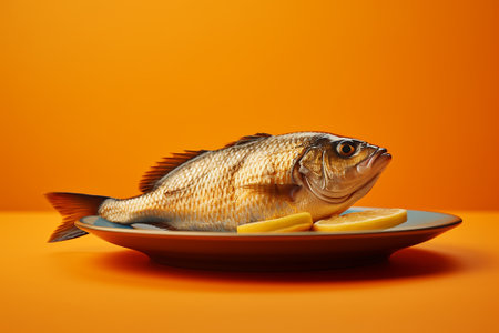A grilled fish in a plate on a yellow backgroundの素材