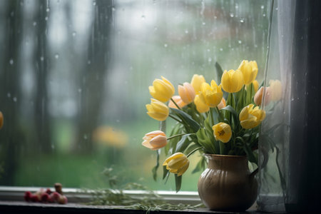 A bouquet of flowers on a window sill, outside the autumn atmosphereの素材