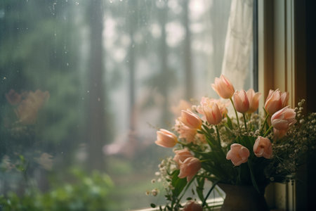 A bouquet of flowers on a window sill, outside the autumn atmosphereの素材