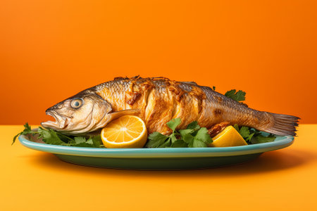 A grilled fish in a plate on a yellow backgroundの素材