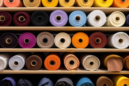 Rolls of fabric of different colors arranged on shelvesの素材