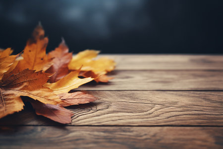 Dry yellow leaves on a wooden tableの素材
