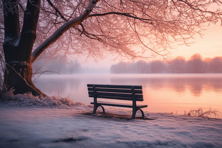 A bench by a lake in winterの素材