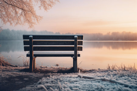 A bench by a lake in winterの素材