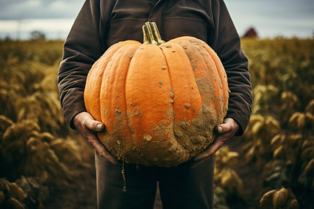 A farmer holding a pumpkin in his armsの素材