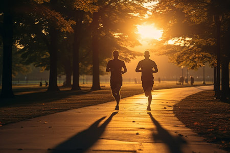 Silhouettes of athletes running in the parkの素材