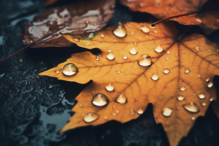 Some autumn yellow leaves, in a rainy day with water drops on themの素材