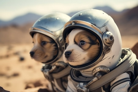 Two astronaut puppies on an inhabited planetの素材