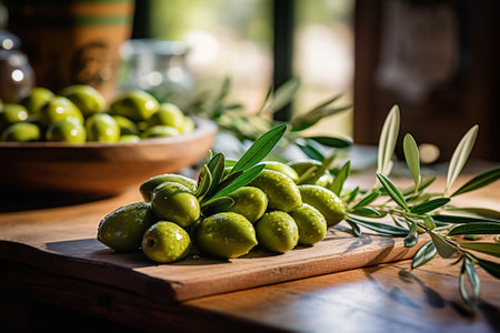 Fresh green olives on a wooden tableの素材