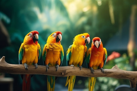 Several parrots on a branch in a tropical forestの素材