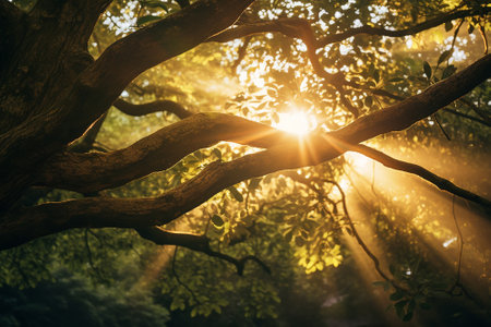 The sun's rays passing through the branches of an old treeの素材
