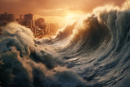 A huge wave that wants to destroy a cityの素材